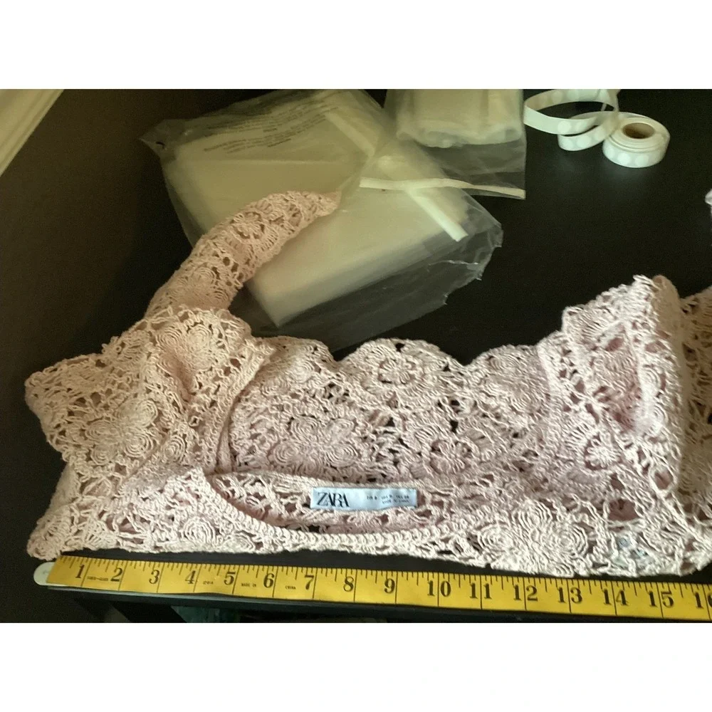 Zara Womens Coquette Floral‎ Crochet Lace Long Sleeve Crop Top S Pink Milkmaid